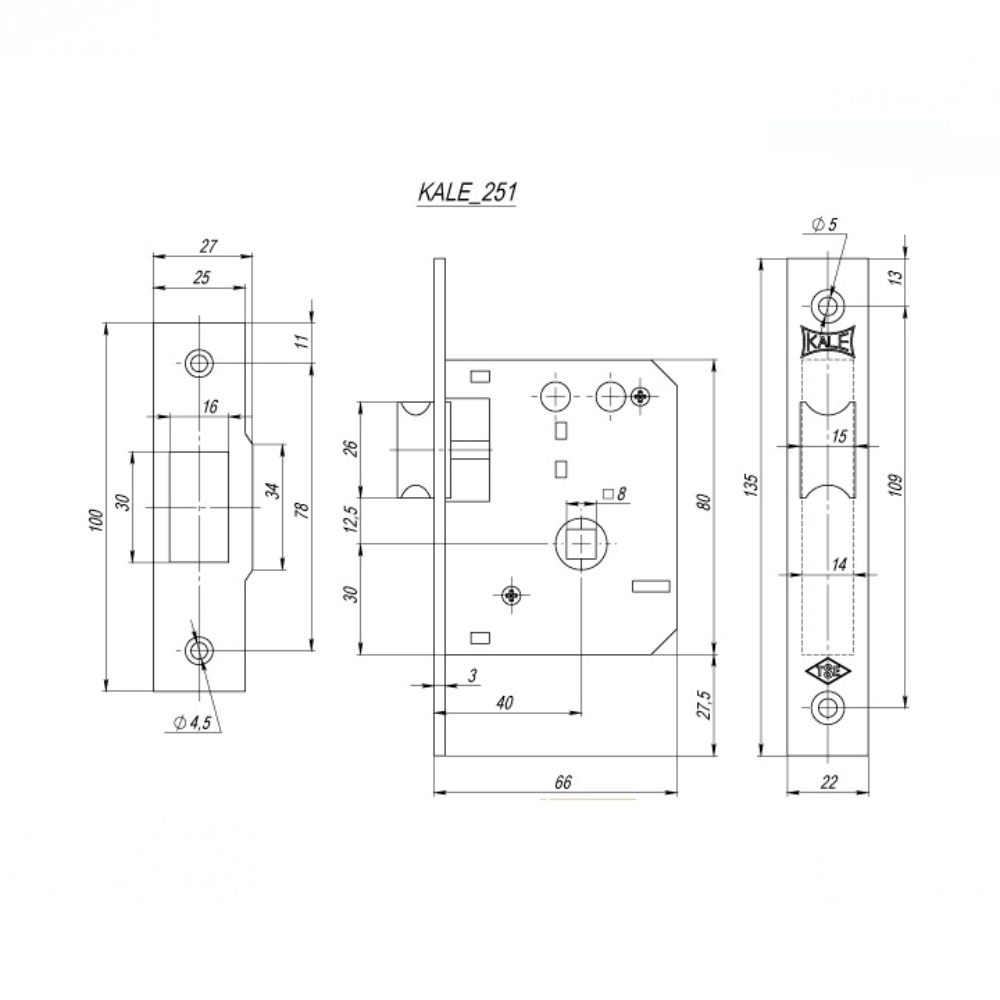  Защелка врезная Kale kilit (Кале килит) 251/R (40 mm) (латунь) 0