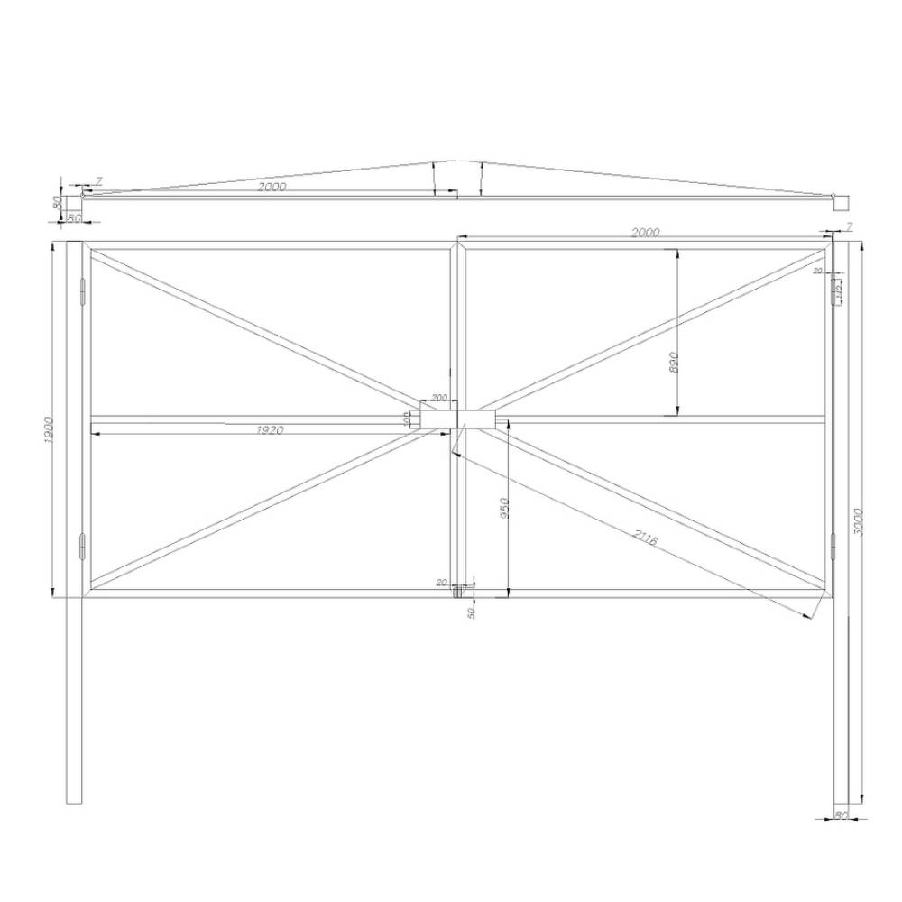  Ворота распашные каркас со столбами 1900х4000 мм цинкогрунт Ювента 0